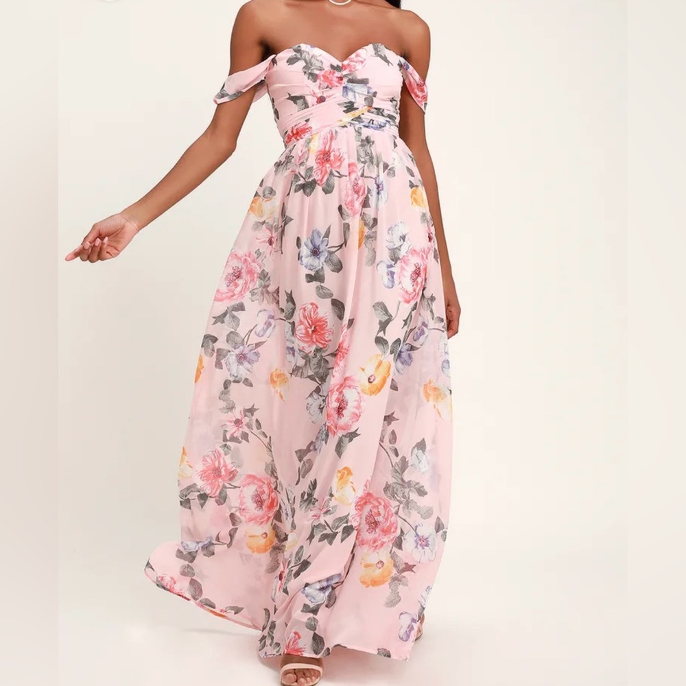 Lulu’s Harmonious Love Blush Floral Print Off-the-Shoulder Maxi Dress - Size S